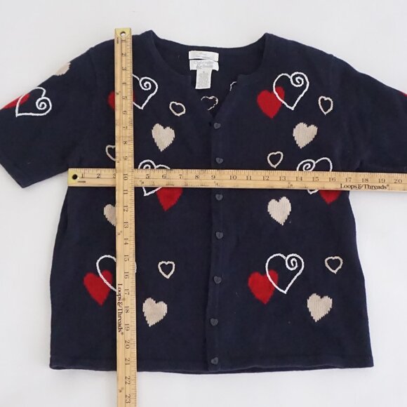 Vintage Christopher & Banks Navy Heart Button Front Knit Short Sleeve Cardigan S - Picture 3 of 10